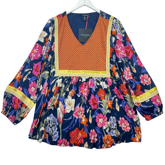 Cynthia Rowley Tops - Cynthia Rowley Floral Tunic Women 1X Navy Blue Boho Embroidered V-Neck Top